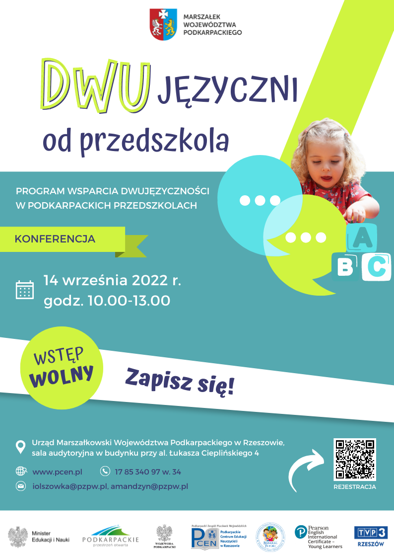 Plakat konferencji Dwujęzyczni od przedszkola - program wsparcia dwujęzyczności w podkarpackich przedszkolach - 14 września 2022 r