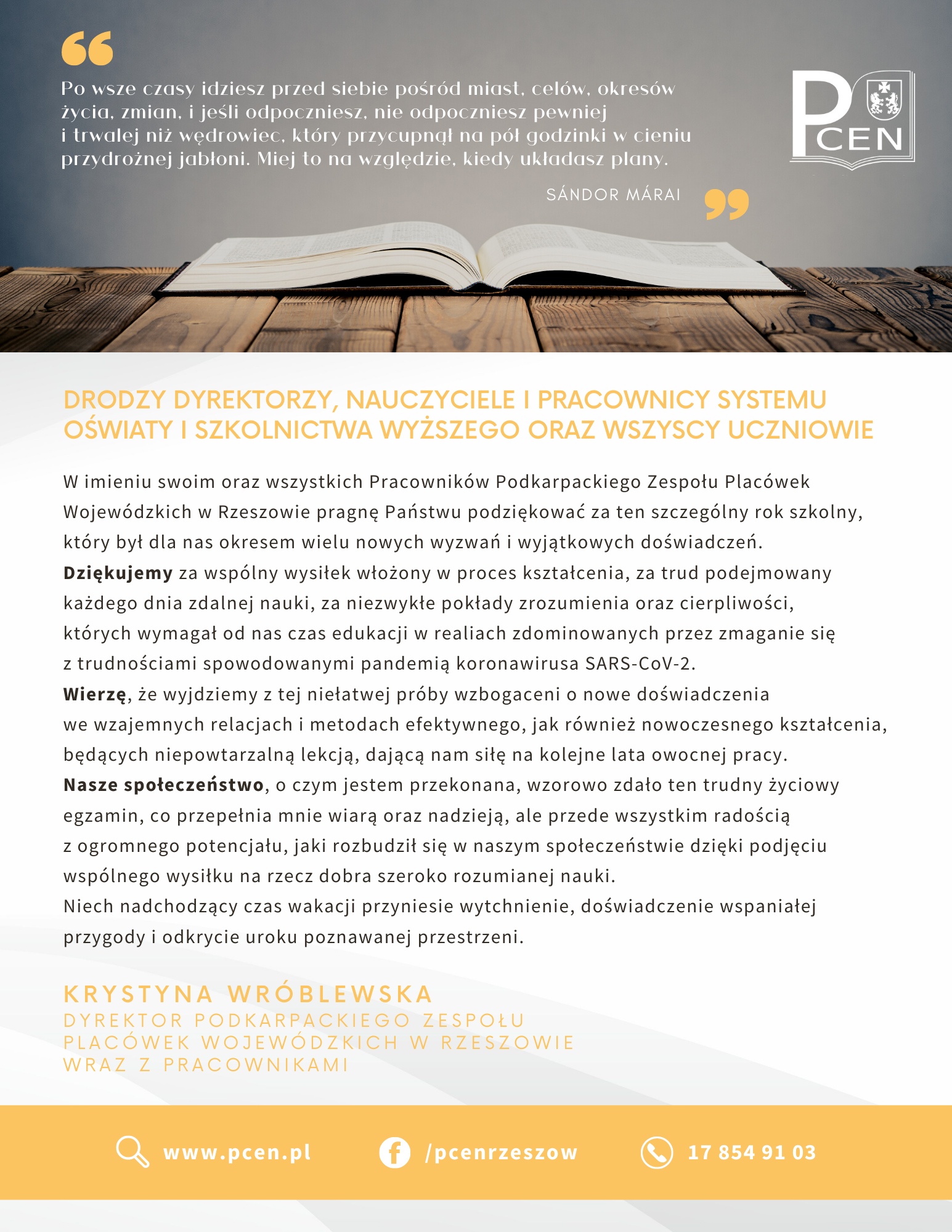 Podziękowania dla dyrektorów, nauczycieli, pracowników oświaty oraz wszystkich uczniów za wspólnie spędzony rok szkolny 2021/2021 oraz życzenia udanych wakacji