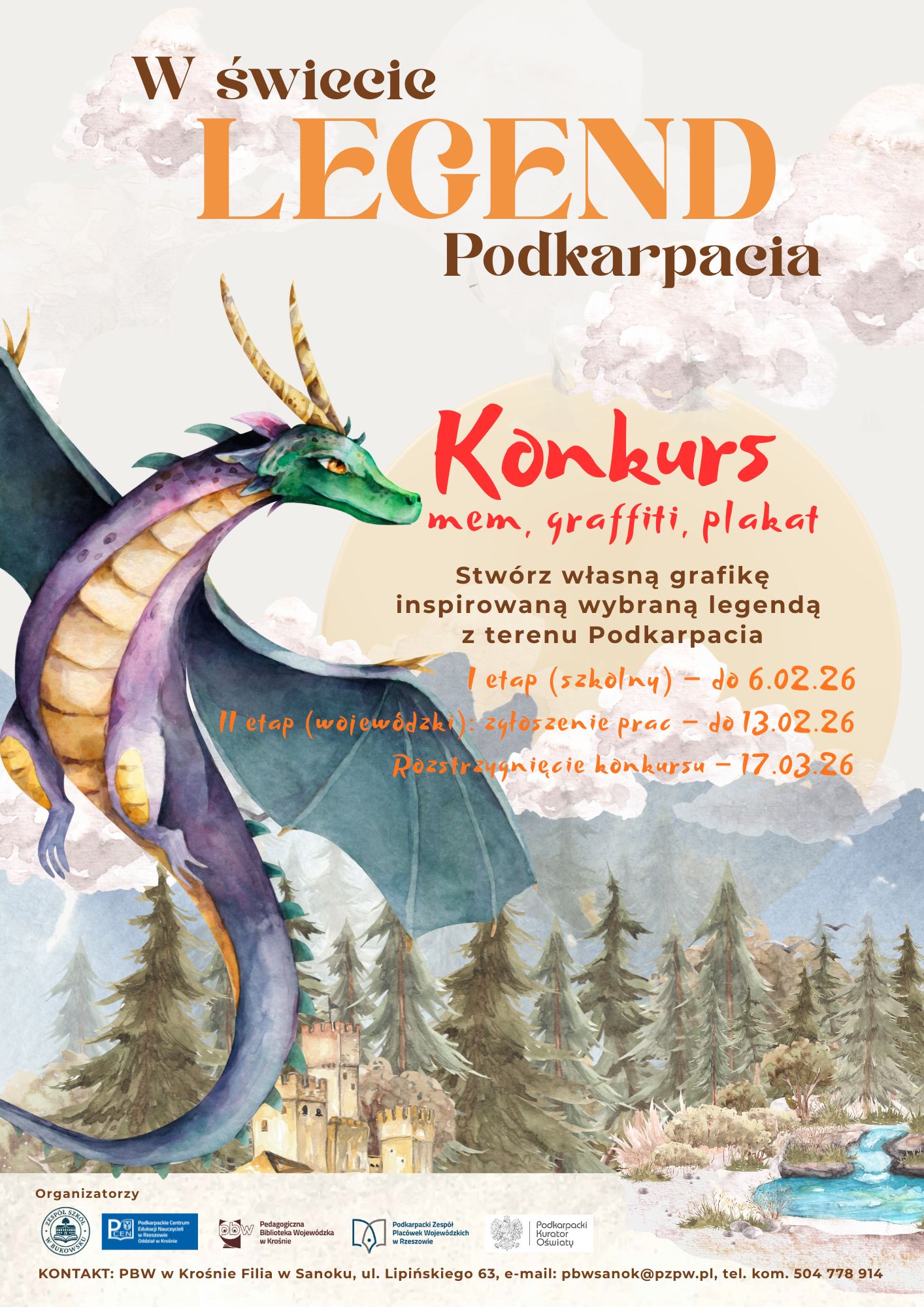 Plakat zapraszający do konkursu plastycznego W świecie legend Podkarpacia, w tle smok