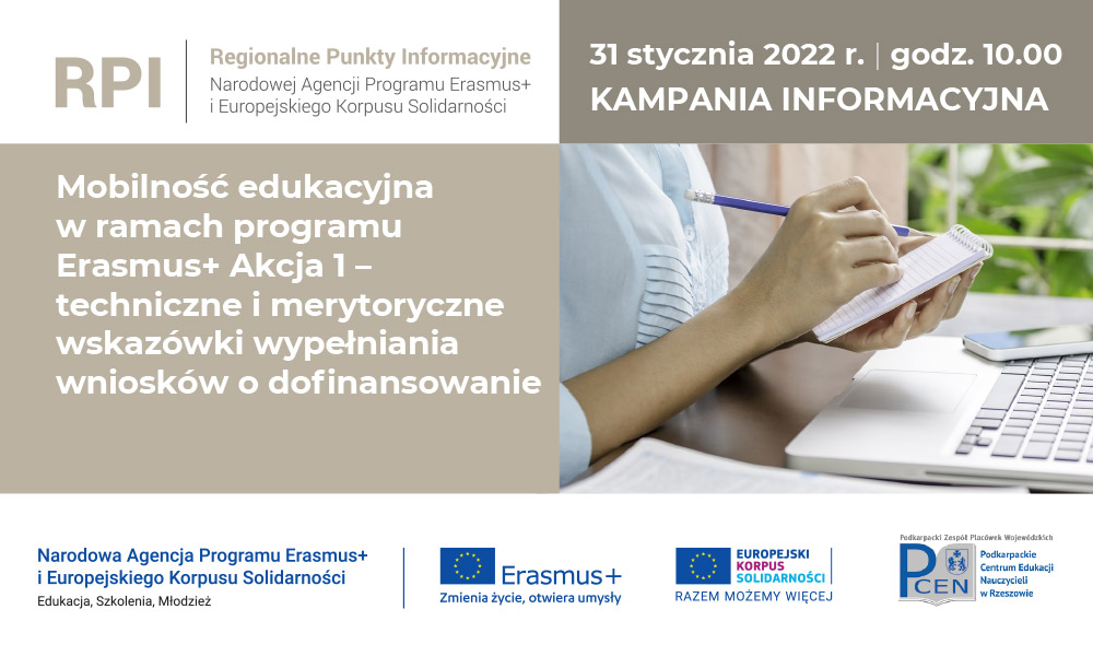 Grafika promująca konferencję RPI nt. Mobilność edukacyjna w ramach programu Erasmus+ Akcja 1  - techniczne i merytoryczne wskazówki wypełniania wniosków o dofinansowanie