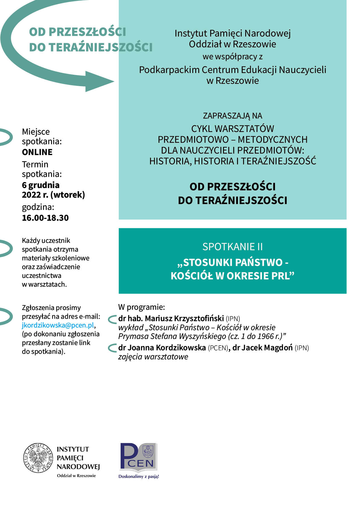 Baner promujący cykl warsztatów Od przeszłości do teraźniejszości, spotkanie II Stosunki państwo - kościół w okresie PRL