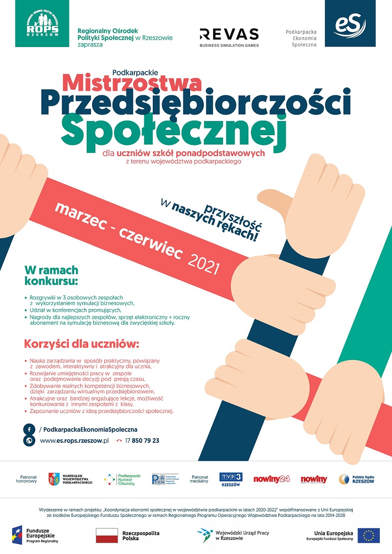 Mistrzostwa Przedsiębiorczości Społecznej dla uczniów szkoł ponadpodstawowych z terenu województwa podkarpackiego - plakat - marzec - czerwiec 2021