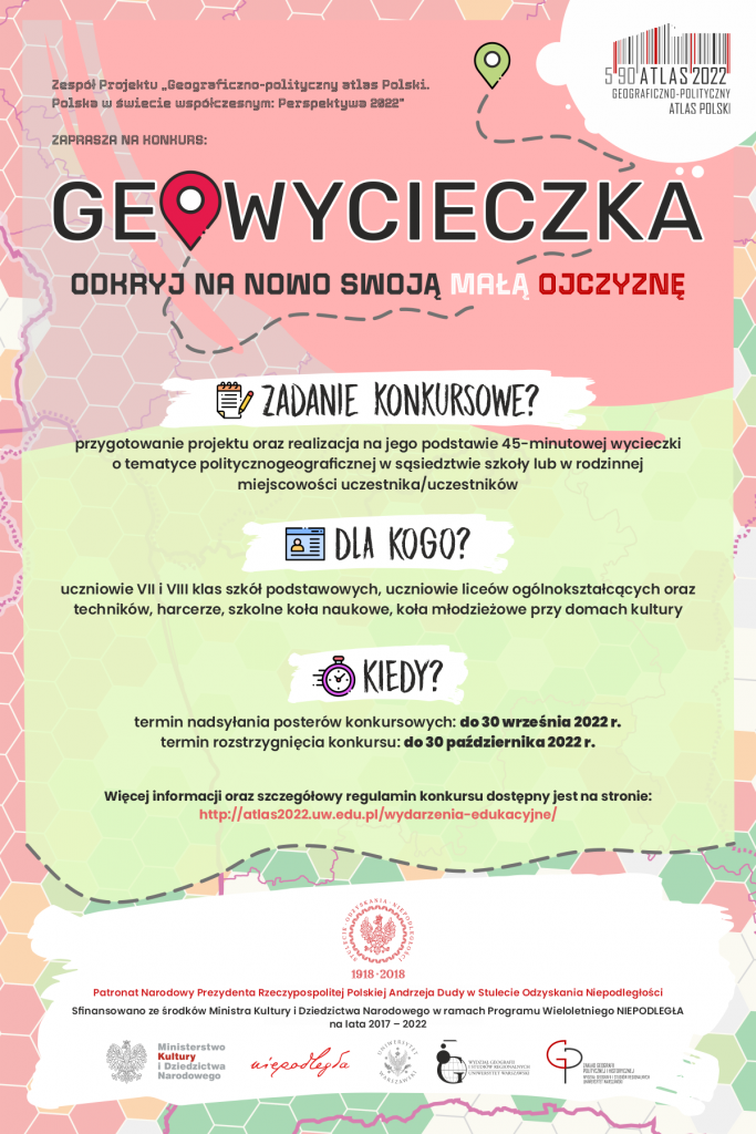 Plakat konkursu GeoWycieczka. Odkryj na nowo swoją Małą Ojczyznę