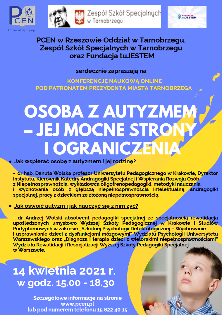 Grafika dotycząca konferencji naukowo-metodycznej na temat, osoba z autyzmem – jej mocne strony i ograniczenia, organizowanej 14 kwietnia 2021 roku o godzinie 15:00